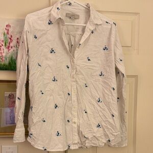 LOFT White Button-Down Shirt with Small Blue Floral Motif